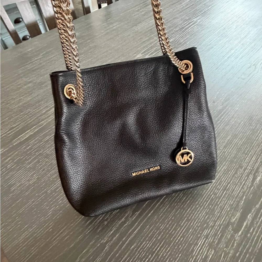 Michael Kors Black Pebbled Leather Shoulder Tote with Gold Chain Strap
